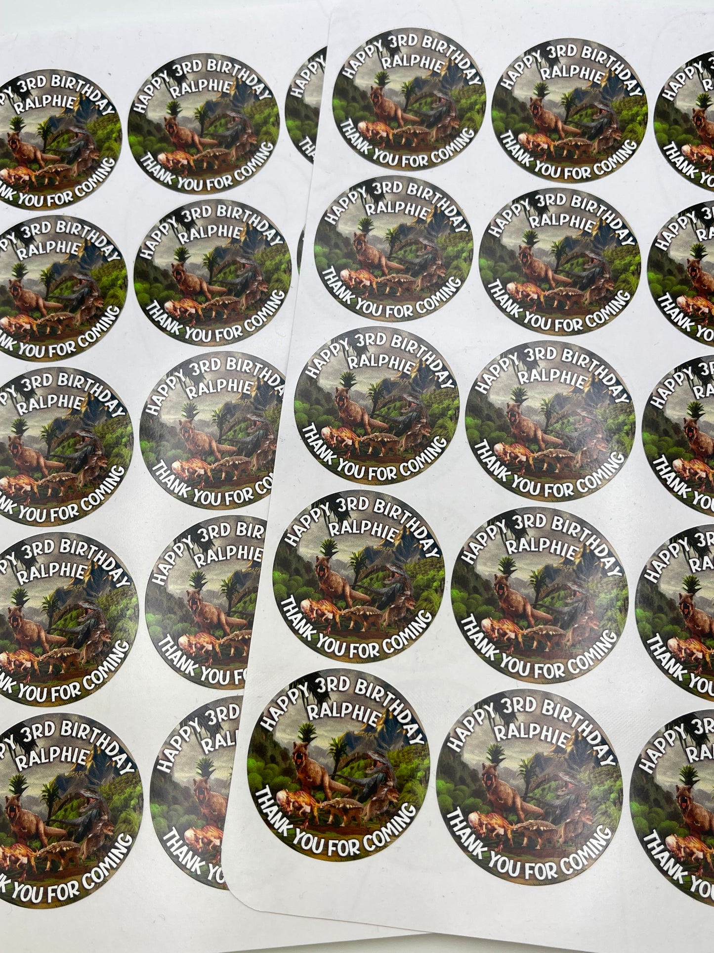 Dinosaurs Jurassic Theme Birthday Personalised round stickers for Party/gift bags