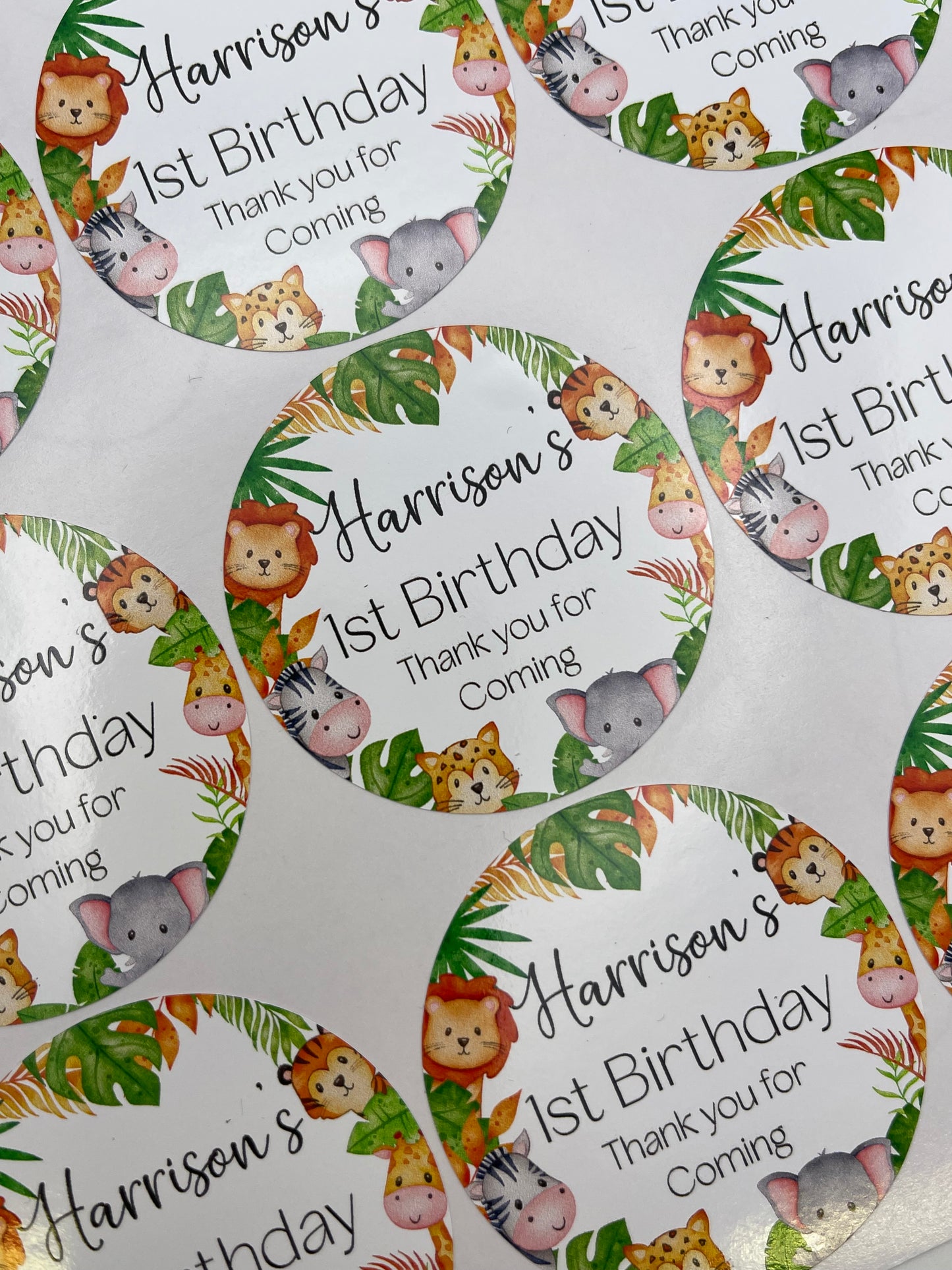 Safari Animals Birthday Personalised Stickers Round