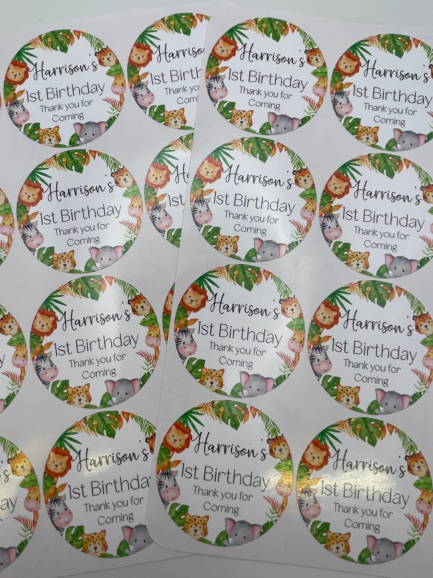 Safari Animals Birthday Personalised Stickers Round