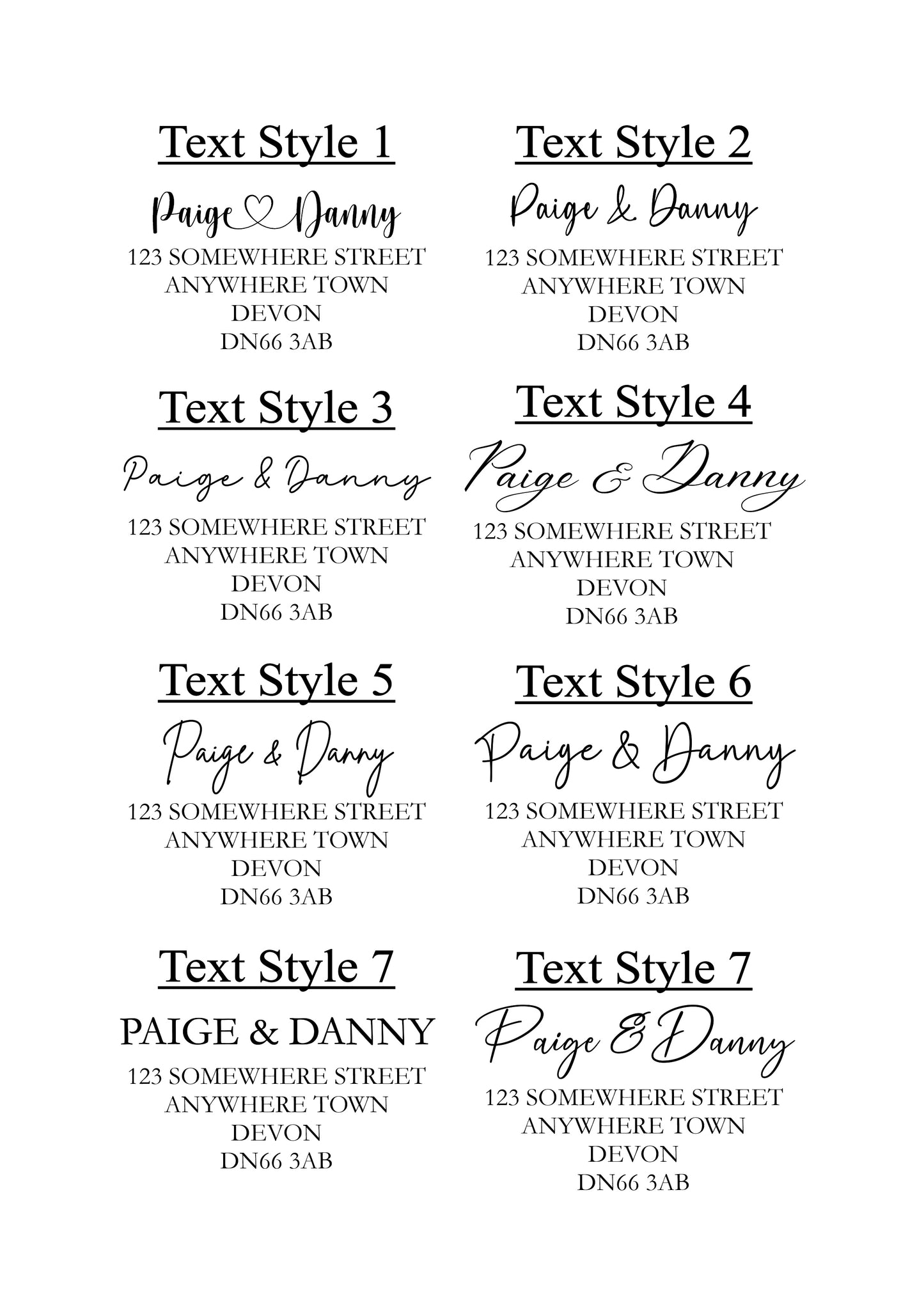 Text style chart showing different text styles available