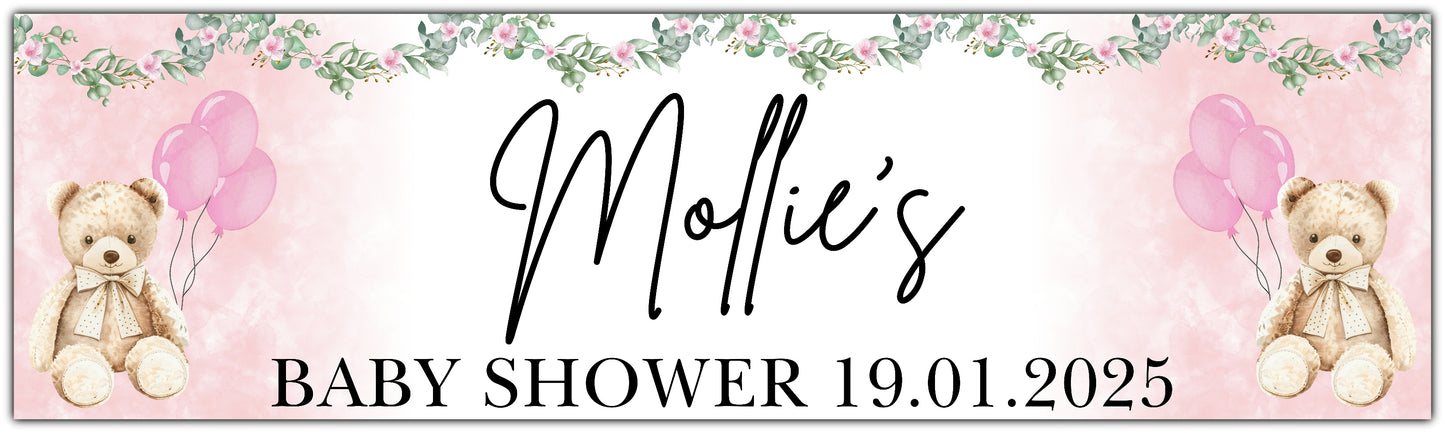 Teddy Bear and Flowers Baby Shower Banner in Pink personalised with name and date
