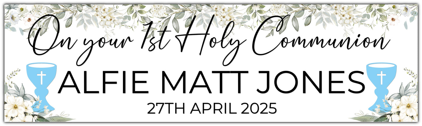 Holy Communion white flowers banner with blue chalice, personalised with name and date