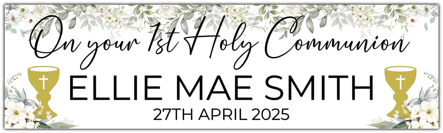 Holy Communion white flowers banner with gold chalice, personalised with name and date