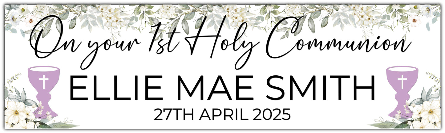 Holy Communion white flowers banner with Lilac chalice, personalised with name and date