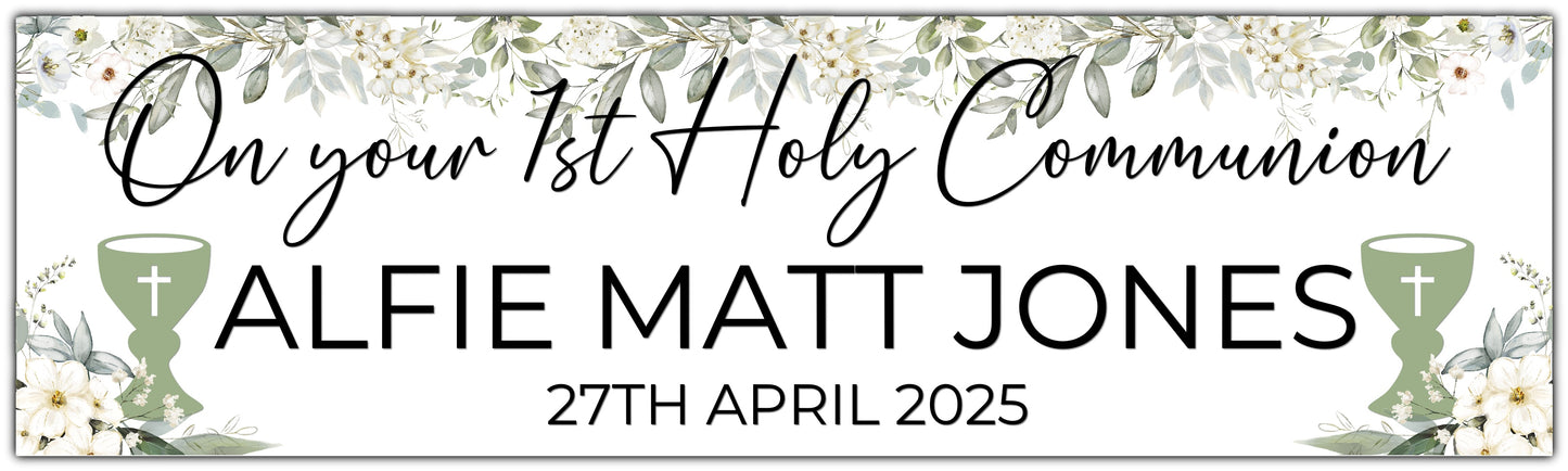 Holy Communion white flowers banner with sage Green chalice, personalised with name and date