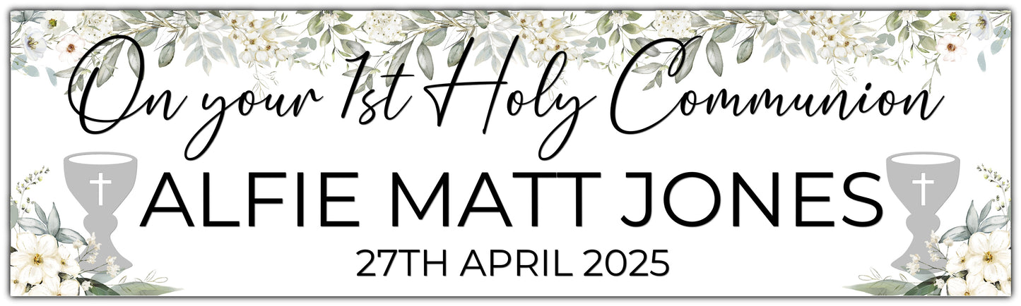 Holy Communion white flowers banner with silver chalice, personalised with name and date