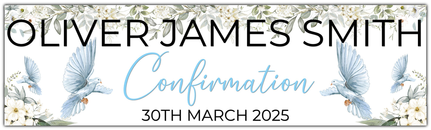 Confirmation banner with dove and white flowers personalised with name and date in blue