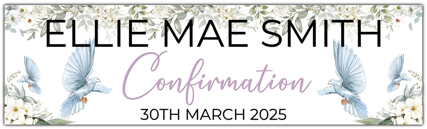 Confirmation banner with dove and white flowers personalised with name and date in lilac