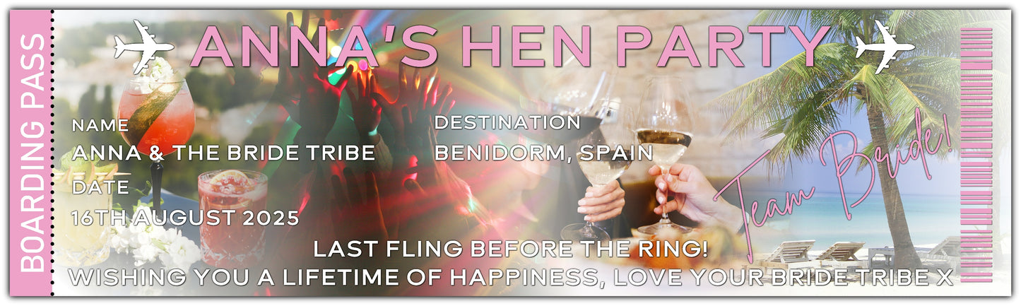 Hen party Boarding pass style Banner personalised with name, Date, place and message of your choice
