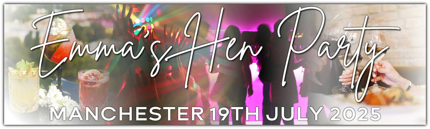 Hen party banner with cocktails and party theme. Personalised with Name, hen party place and date
