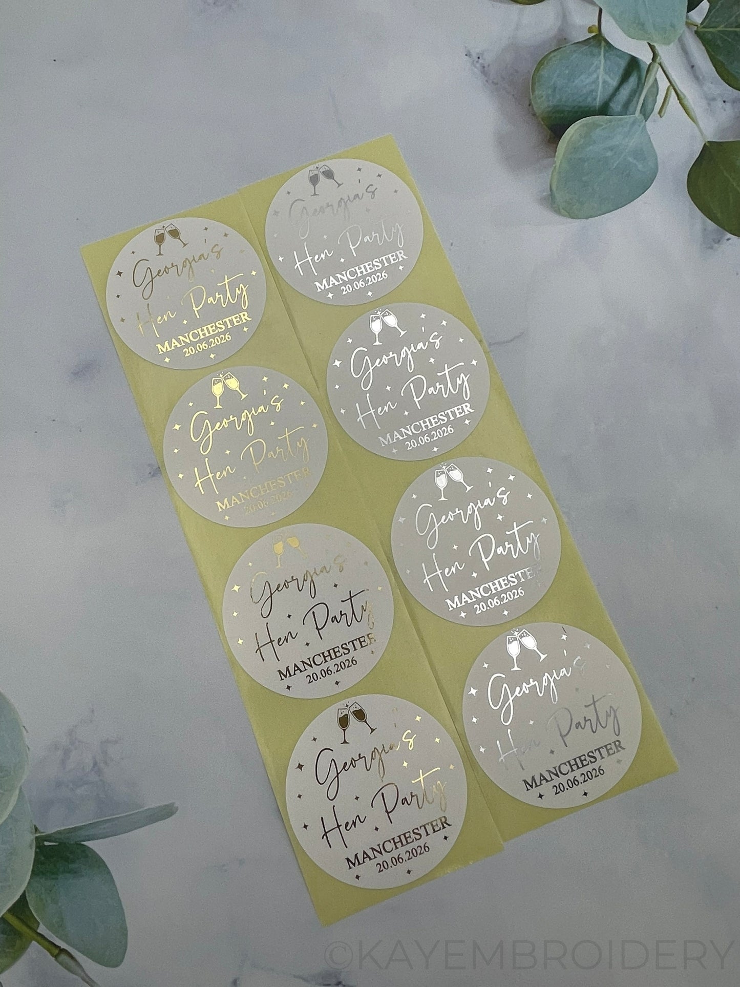 Hen party Gold or silver Foiled White Stickers personalised with name and date