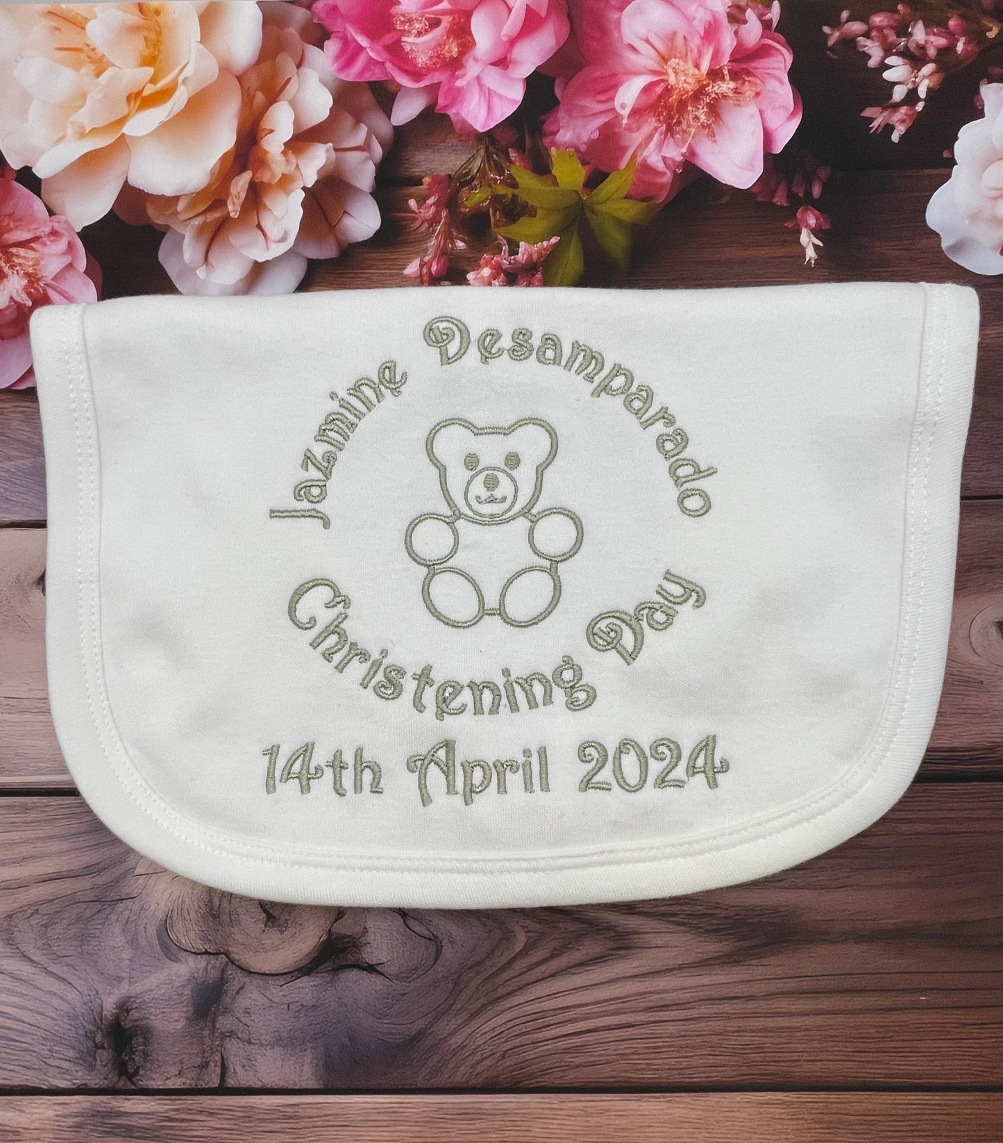 White Cotton Baby Bib with Silver Embroidery will feature name, Teddy Bear, Christening Day and Date