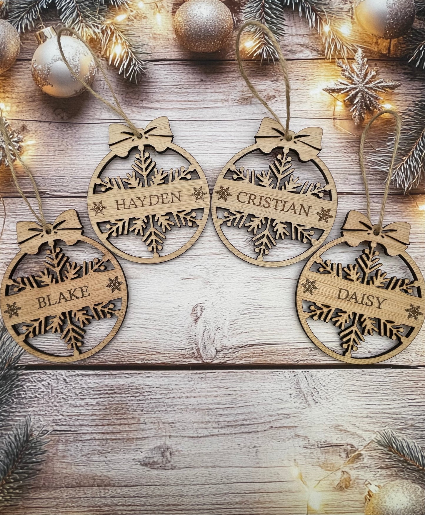 Snowflake Laser Cut and Engraved Wood Tree Decoration Ornament Personalised