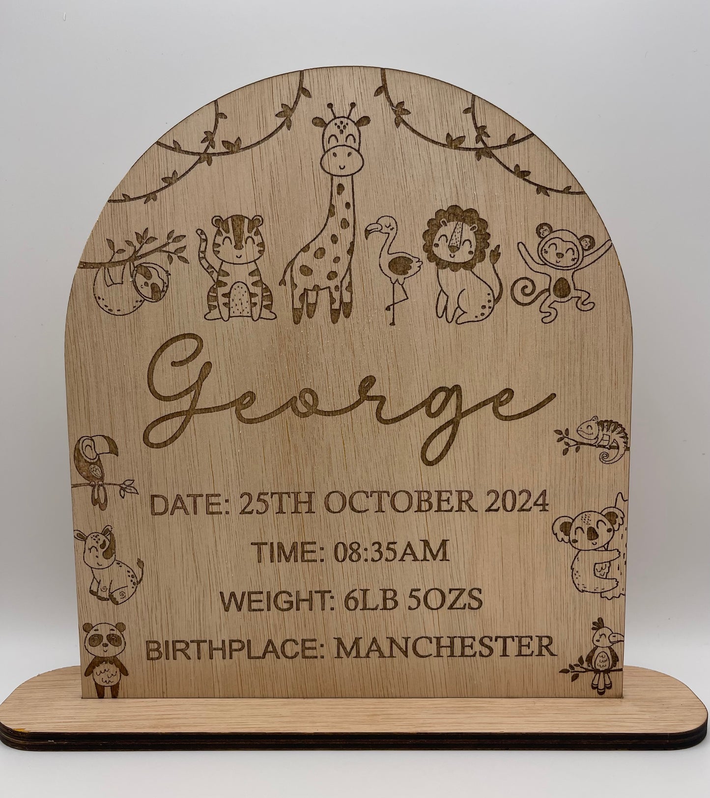 Personalised Jungle animals Wood Birth Stats Sign