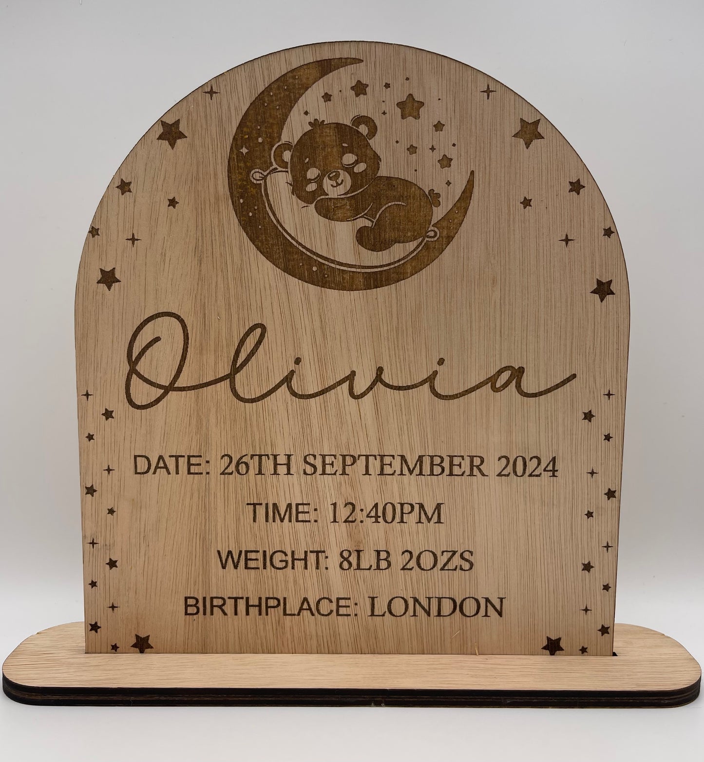 Personalised Sleeping Bear Wood Birth Stats Sign