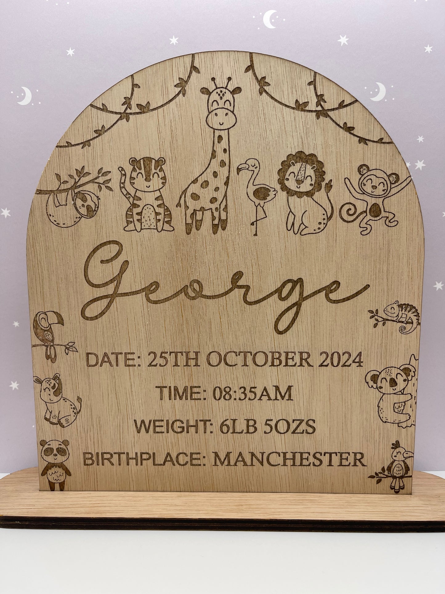 Personalised Jungle animals Wood Birth Stats Sign