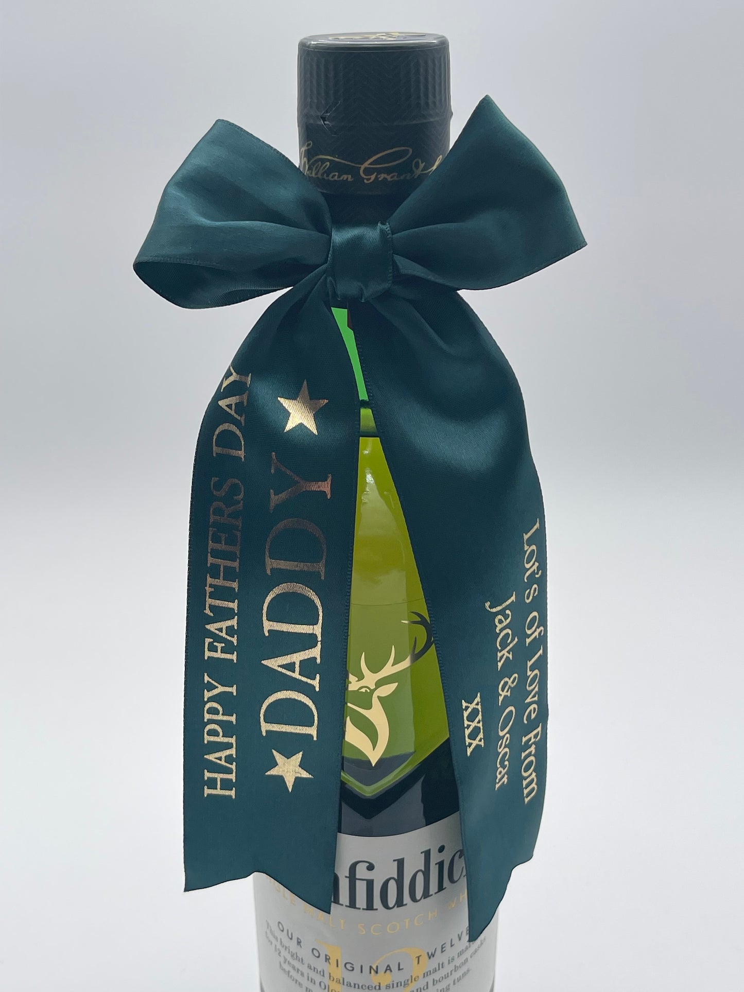 Fathers Day Personalised Hunters Green Satin Ribbon with Gold Print and Message of your choice