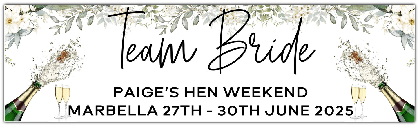Team Bride Hen Party Banner Personalised with Name, Place and Date
