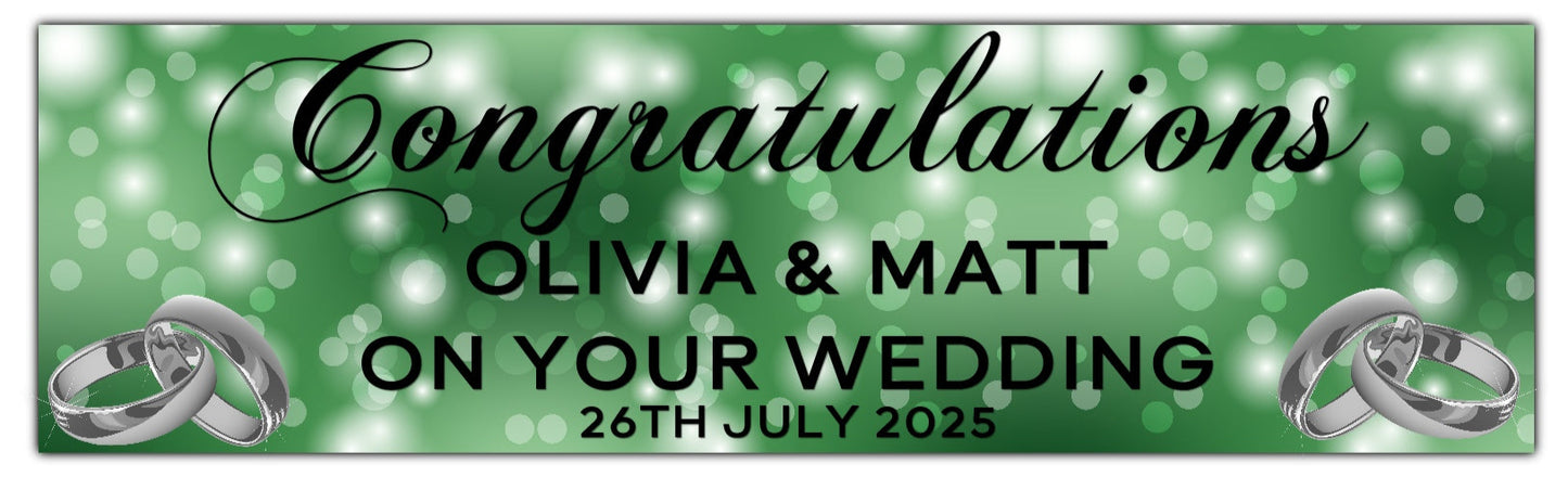 Wedding, Anniversary or Engagement Banner. Green Bokeh Coloured background with silver Rings. Personalised with names and date