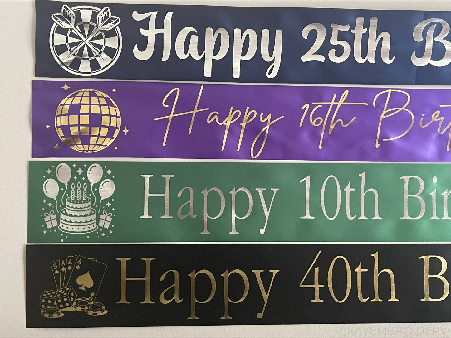 Satin Birthday Banners in Various colours and Print Colours personalised with your choice of text and image