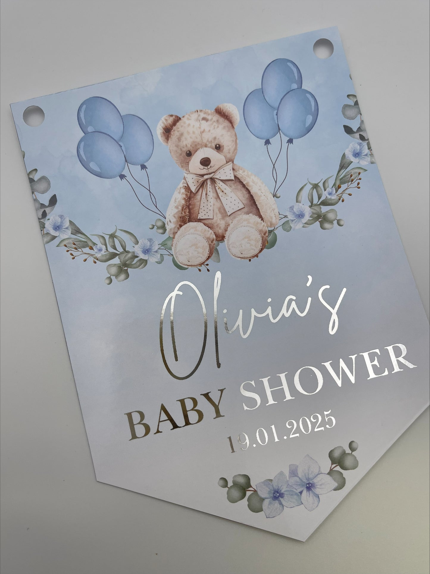 Baby Shower Blue Teddy on a swing Bunting, Personalised with name, baby shower and date in metallic silver Foil. Made with 300gsm Single sided Gloss Card