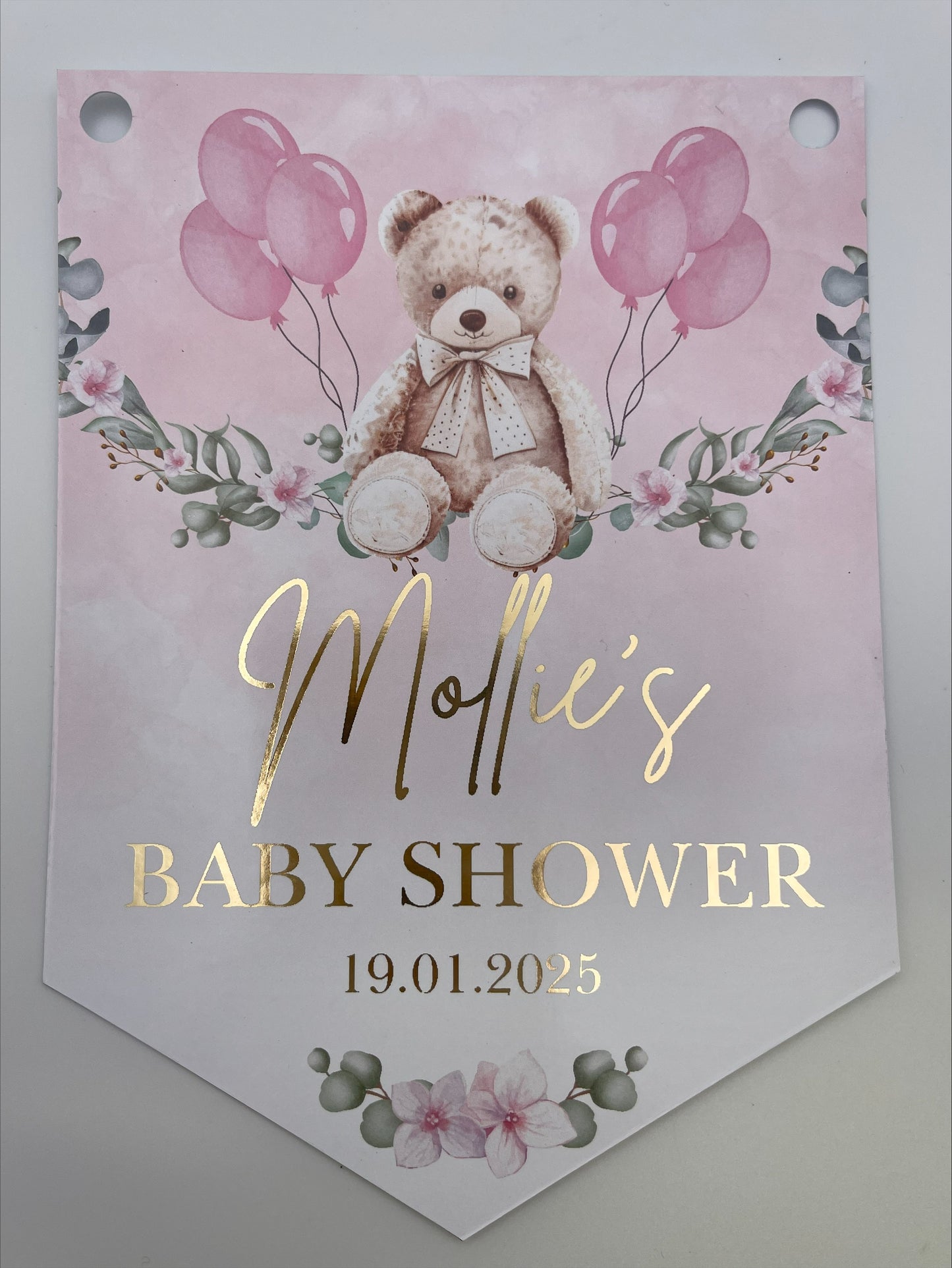 Baby Shower Pink Teddy on a swing Bunting, Personalised with name, baby shower and date in metallic gold Foil. Made with 300gsm Single sided Gloss Card