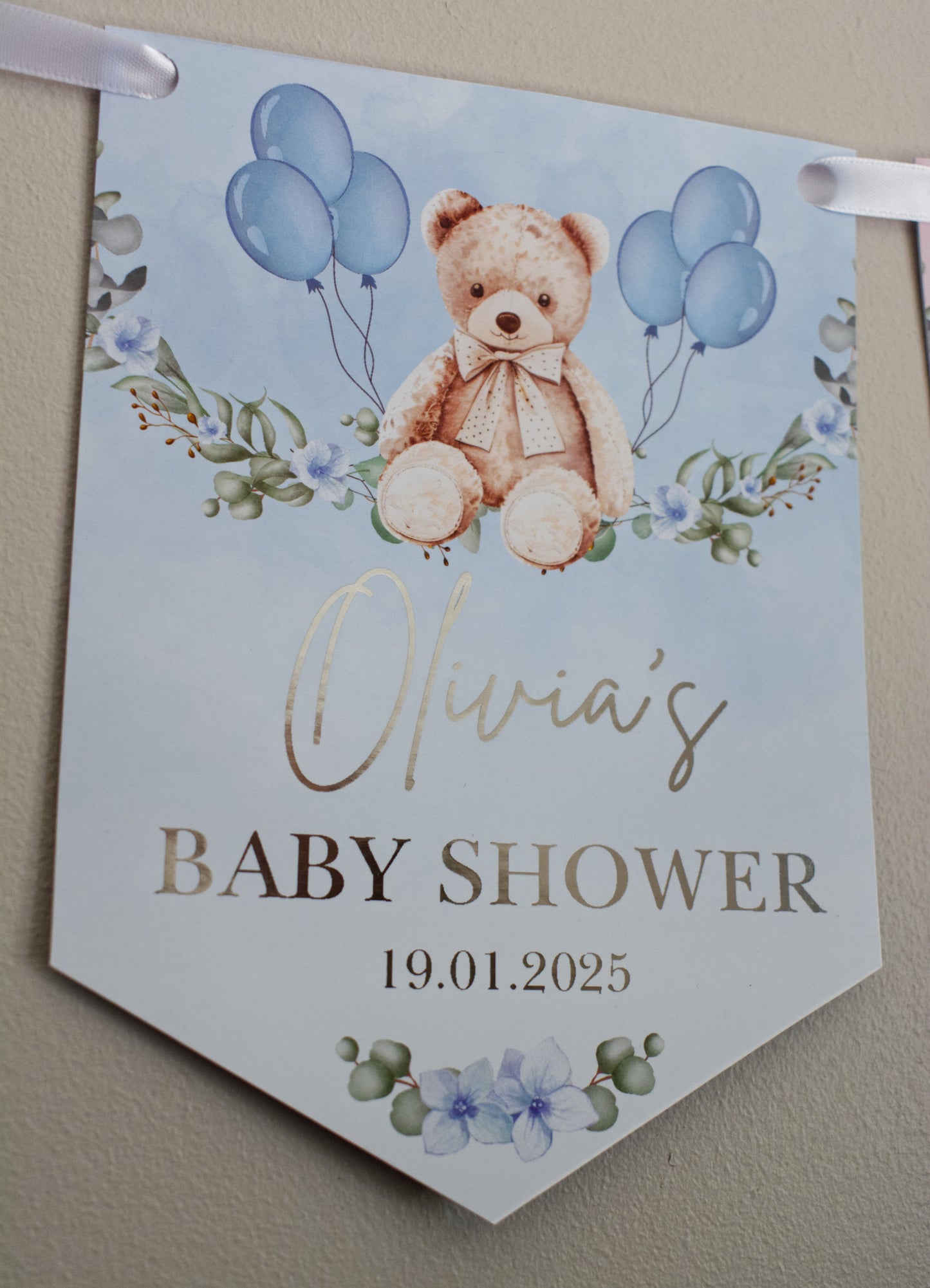 Baby Shower Blue Teddy on a swing Bunting, Personalised with name, baby shower and date in metallic silver Foil. Made with 300gsm Single sided Gloss Card