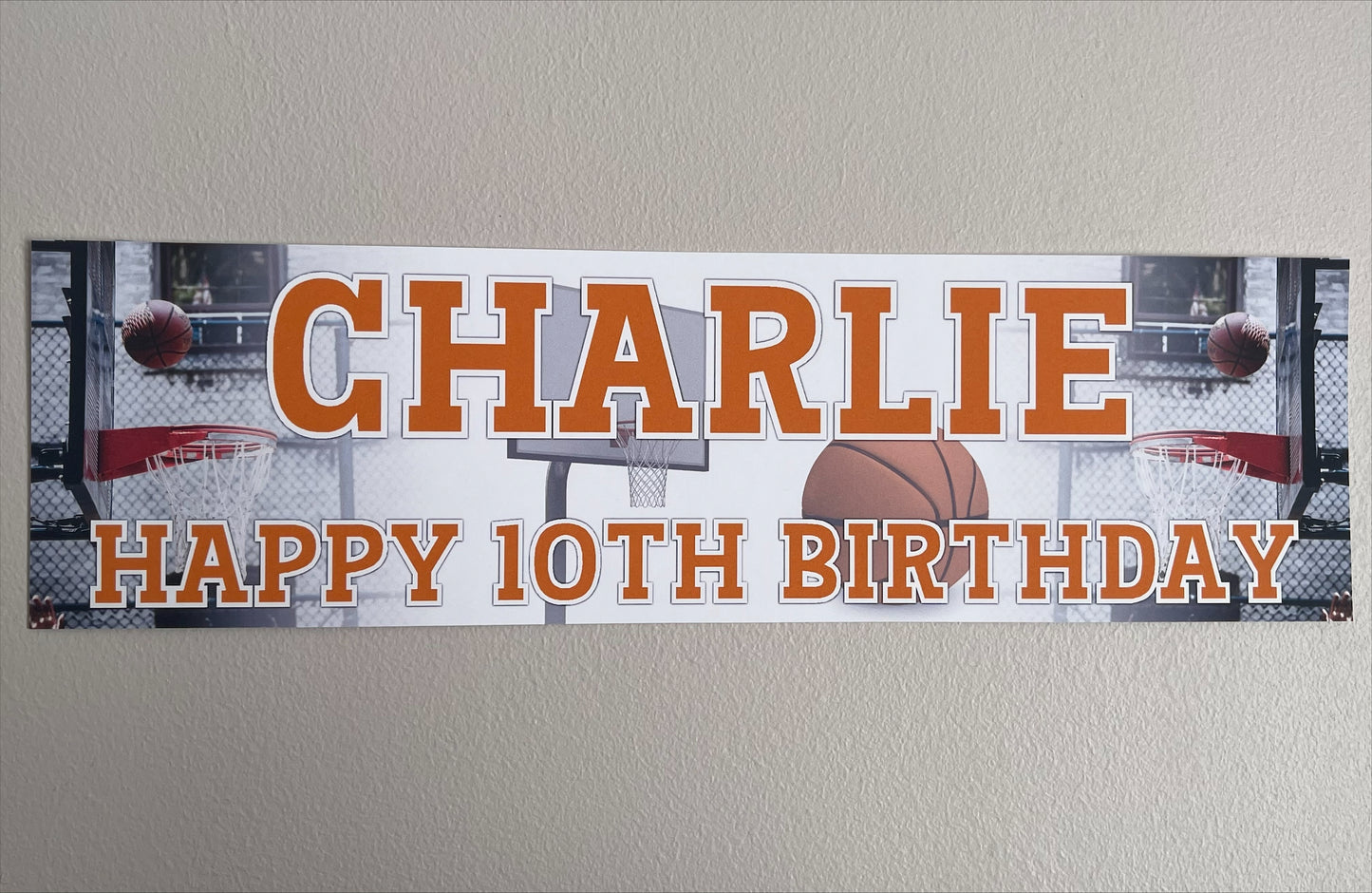 Basketball birthday banner personalised with name and age