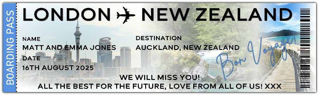 Travel emigration leaving banner in the style of a boarding pass plane ticket with destination, name and date and personalised message of choice