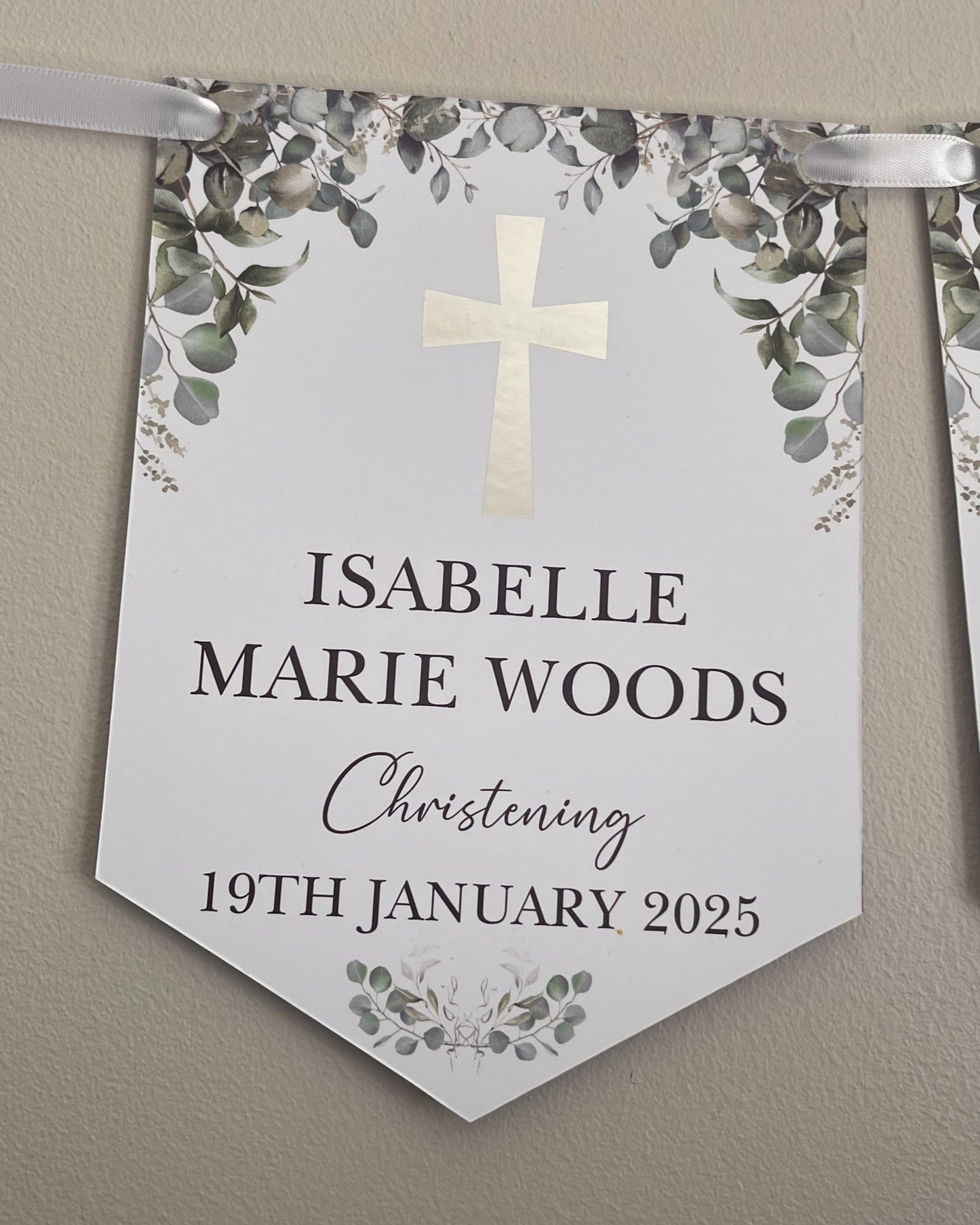 Christening Baptism Bunting with Silver Foiled Cross personalised with Name and Date. Made from 300gsm single sided gloss card