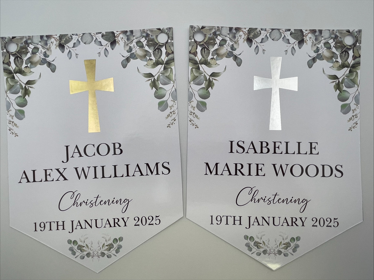Christening Baptism Bunting with Foiled Cross personalised with Name and Date. Made from 300gsm single sided gloss card