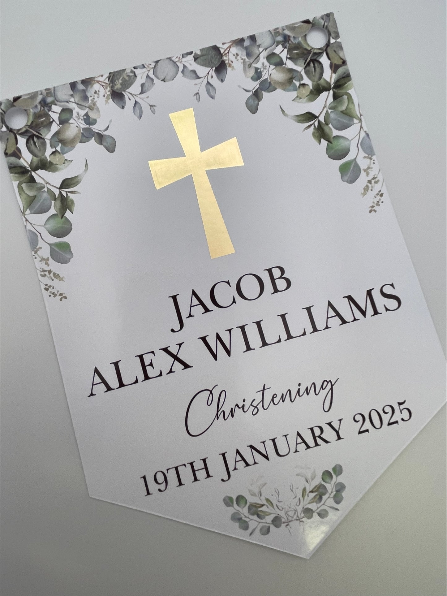 Christening Baptism Bunting with Gold Foiled Cross personalised with Name and Date. Made from 300gsm single sided gloss card