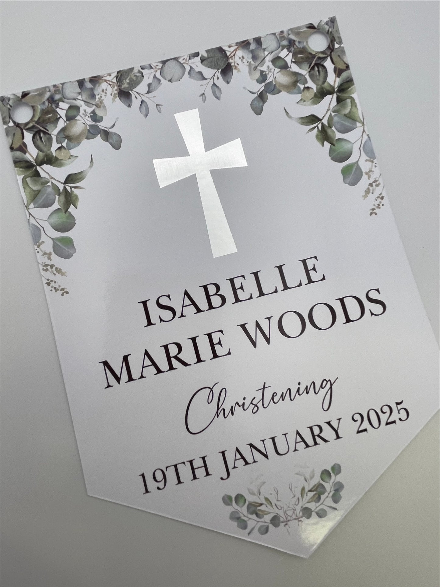 Christening Baptism Bunting with Silver Foiled Cross personalised with Name and Date. Made from 300gsm single sided gloss card