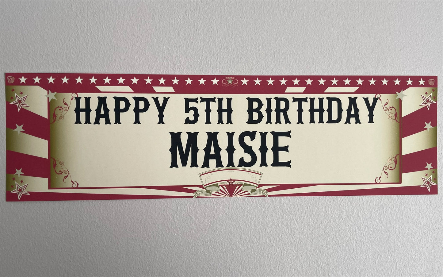 Circus Birthday Banner in red and gold personalised with name and age