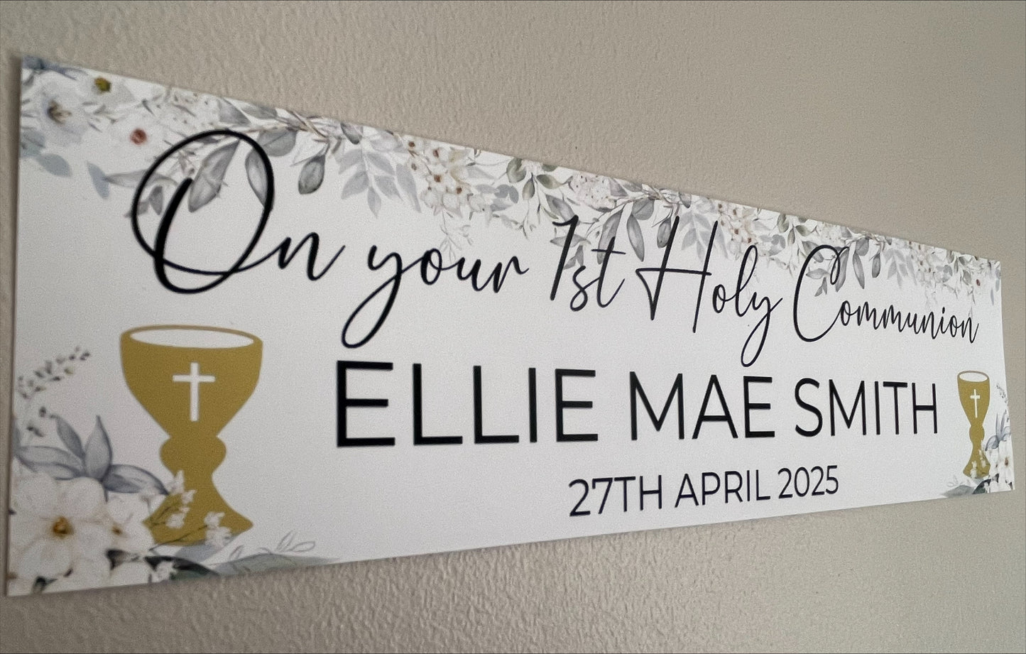 Holy Communion white flowers banner with gold chalice, personalised with name and date