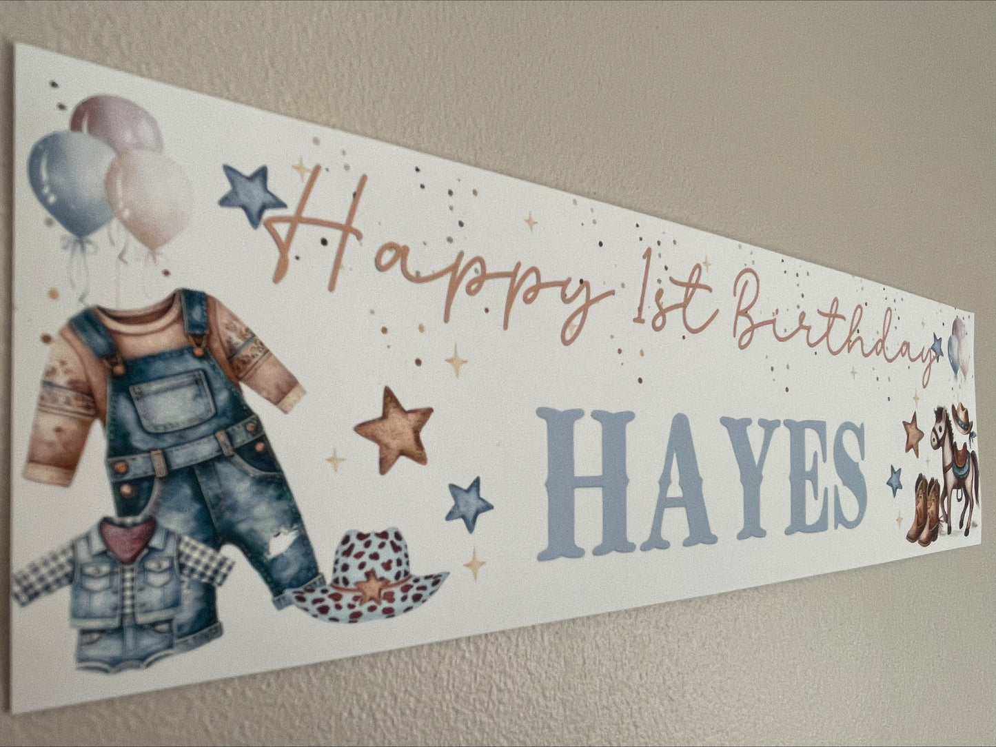 Little Cowboy 1st Birthday Personalised Banner with stars and confetti