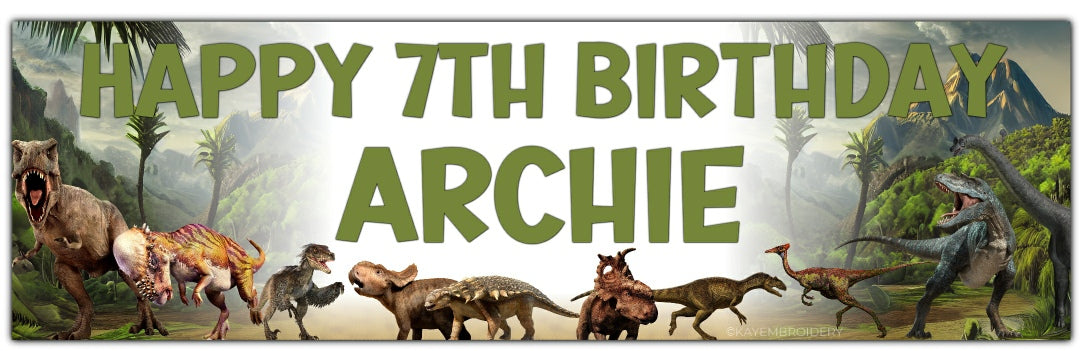 Birthday Banner with Dinosaurs set in Jurassic Background theme T rex, Triceratops, Stegosaurus, brontosaurus. Personalised with name and age in Green Text