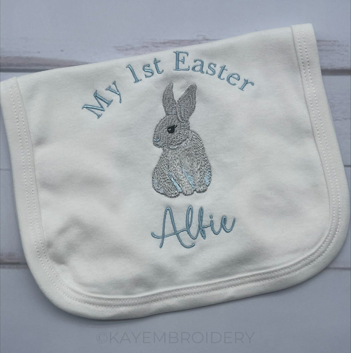 Baby 1st Easter Rabbit Embroidered Cotton Bib personalised with name Blue