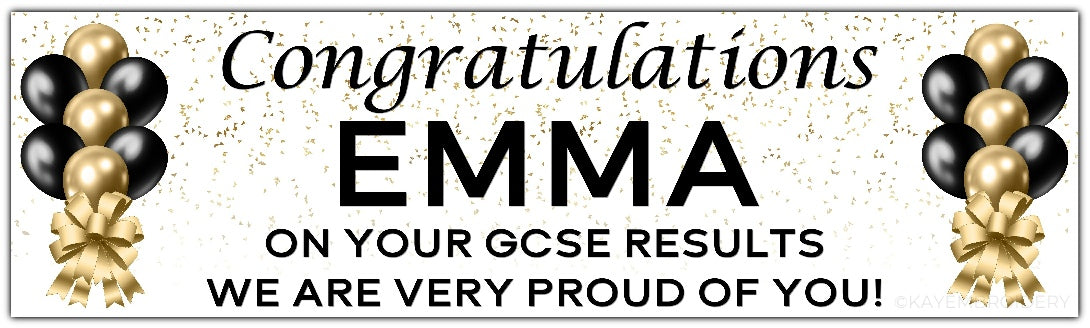 Exam Results Banner with Gold and Black Balloons and Confetti design Personalised with congratulations name and message of your choice