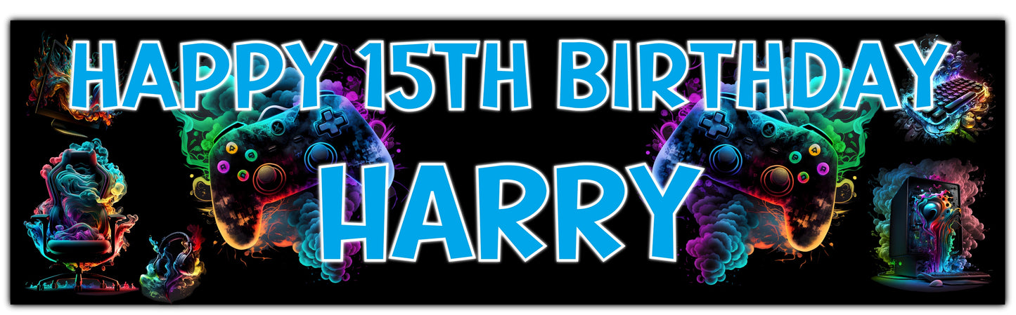 Gaming Gamer Birthday Banner Personalised with Name and Age in blue Text