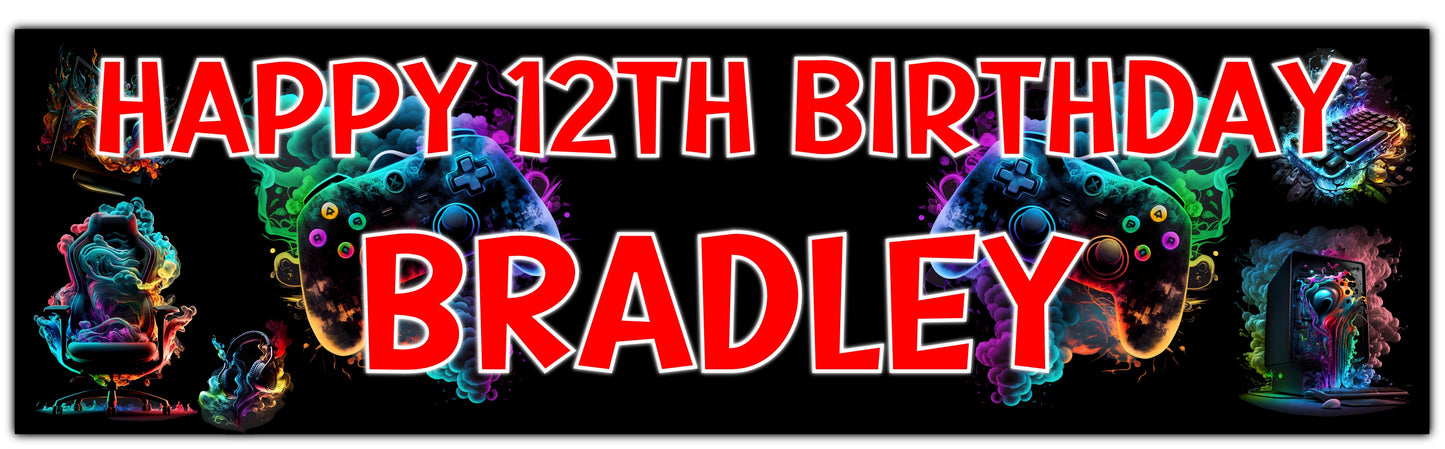 Gaming Gamer Birthday Banner Personalised with Name and Age in red Text