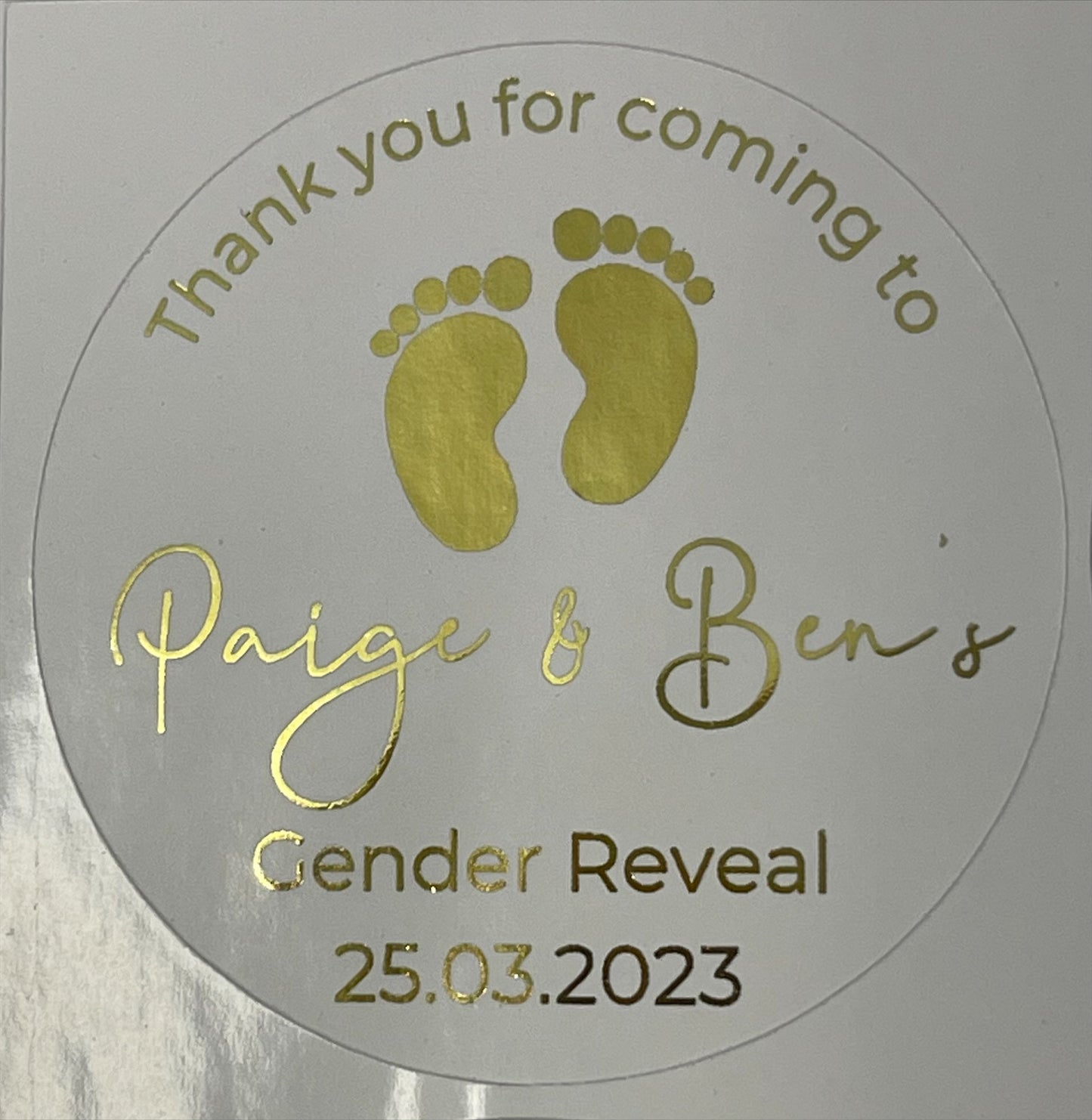 Baby Gender Reveal foiled Personalised round stickers for favours etc