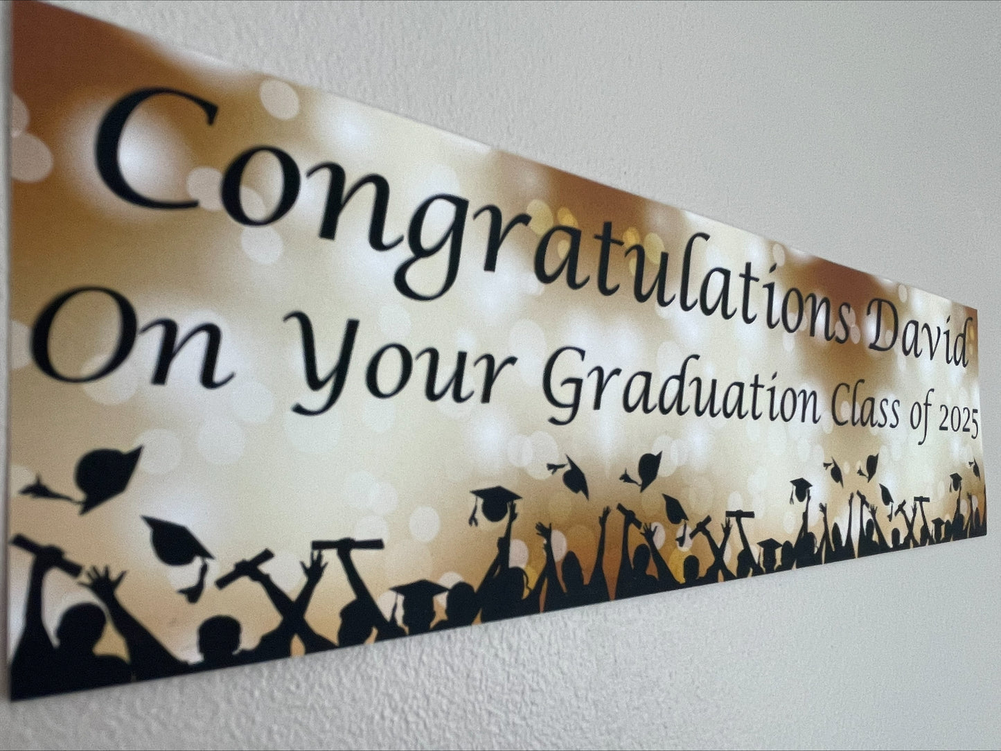 Graduation Bokeh Celebration Banner in Gold, Personalised with congratulations name on your graduation class of 2025