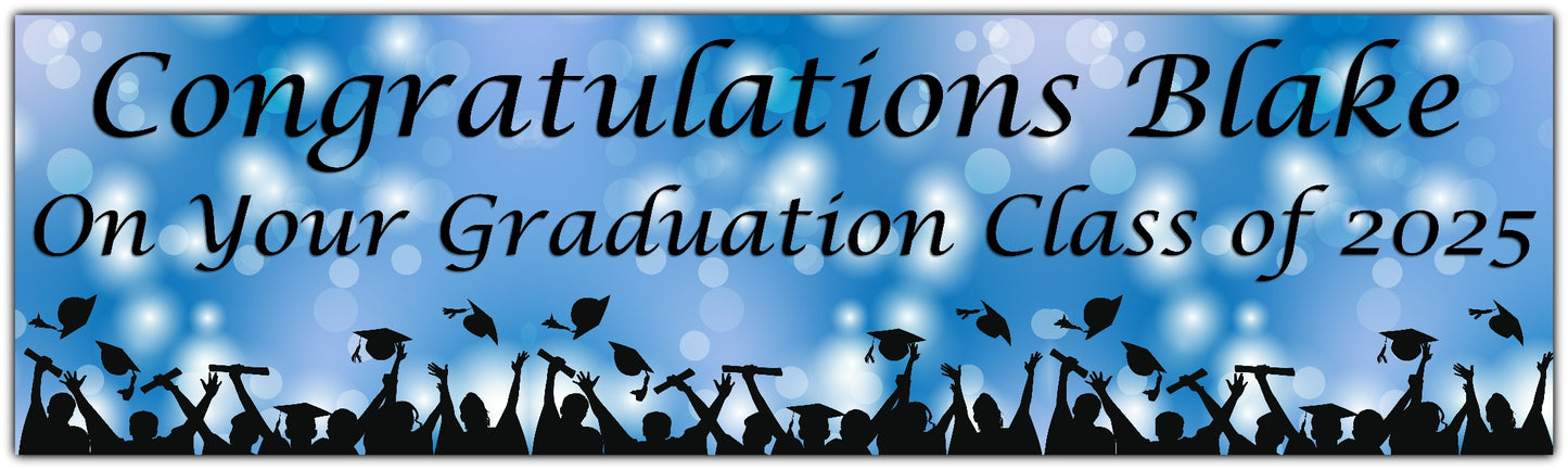 Graduation Bokeh Celebration Banner in Blue, Personalised with congratulations name on your graduation class of 2025