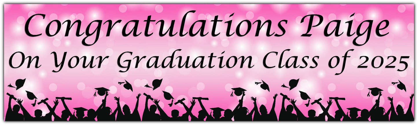 Graduation Bokeh Celebration Banner in Deep Pink, Personalised with congratulations name on your graduation class of 2025