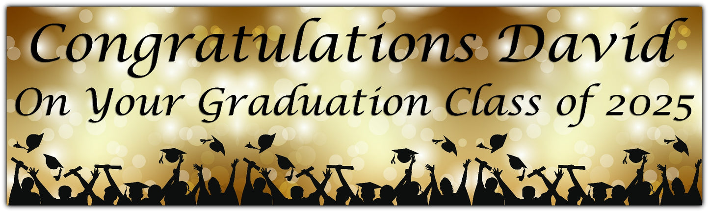 Graduation Bokeh Celebration Banner in Gold, Personalised with congratulations name on your graduation class of 2025