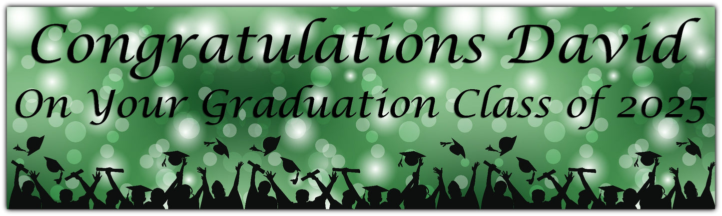 Graduation Bokeh Celebration Banner in Green, Personalised with congratulations name on your graduation class of 2025