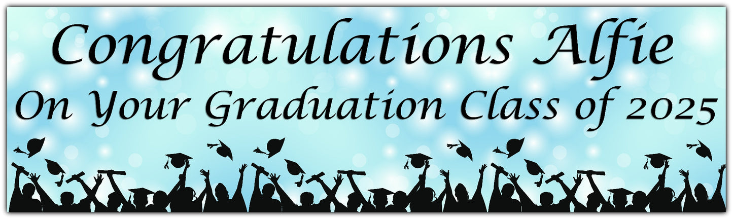 Graduation Bokeh Celebration Banner in Light Blue, Personalised with congratulations name on your graduation class of 2025