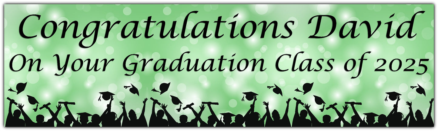 Graduation Bokeh Celebration Banner in Light Green, Personalised with congratulations name on your graduation class of 2025