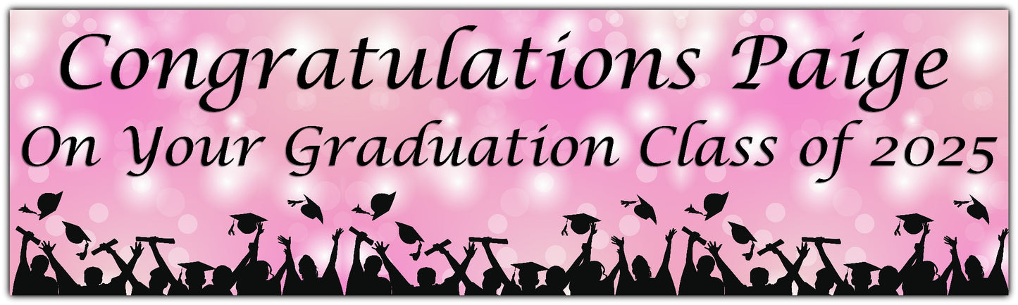 Graduation Bokeh Celebration Banner in Light Pink, Personalised with congratulations name on your graduation class of 2025
